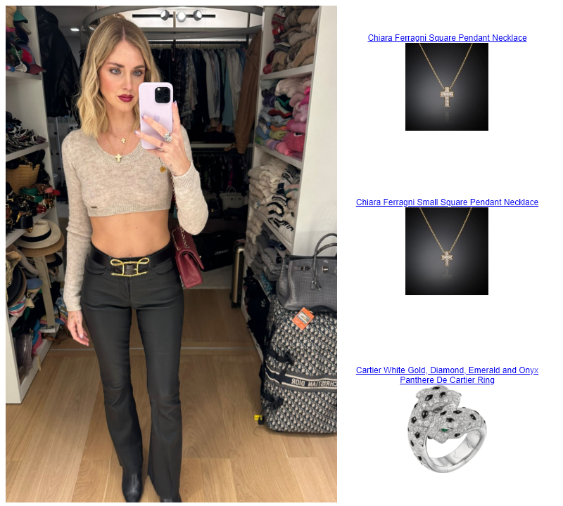 Chiara Ferragni Instagram  Chiara Ferragni Small Square Pendant Necklace Cartier White Gold, Diamond, Emerald and Onyx Panthere De Cartier Ring