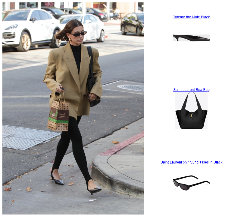 Hailey Bieber Los Angeles  Saint Laurent Bea Bag Toteme the Mule Black